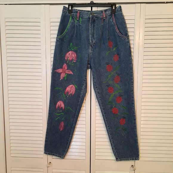 bill blass Denim - RARE VTG 1980's cotton hi waist pleated boho painted ladybug flor jeans sz 8P *V